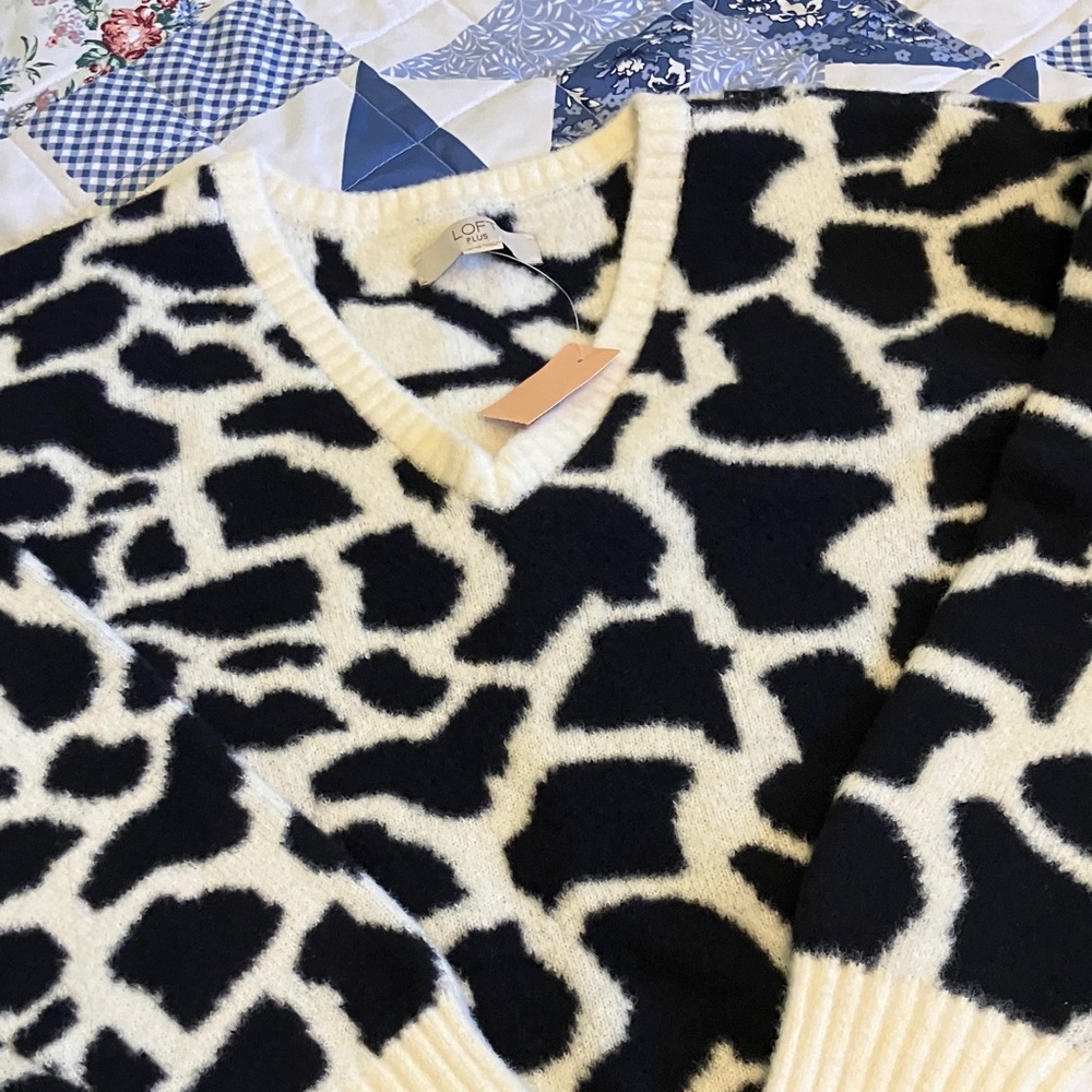 LOFT Cream and Black Animal Patterned Sweater